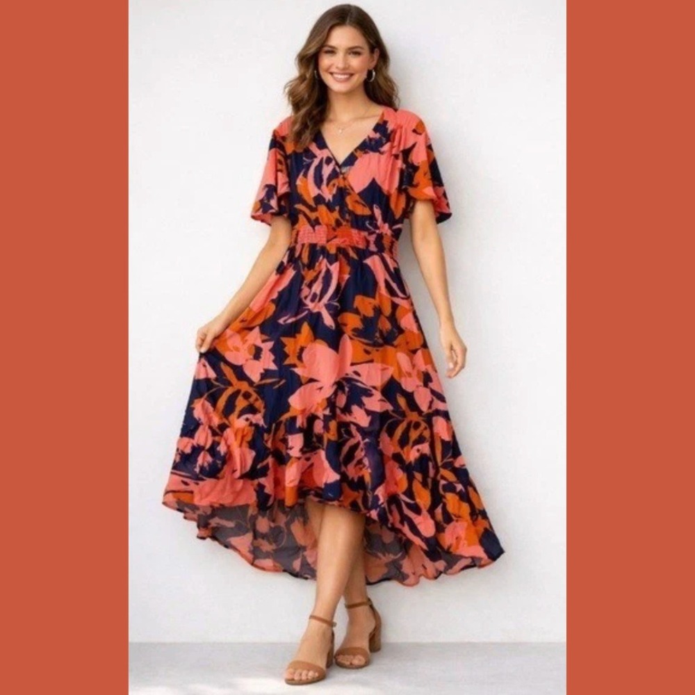 Abel The Label Womens Large Maxi Dress Floral High Low Flutter Sleeve Flowy Boho - Picture 1 of 9